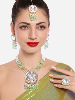 Zaveri Pearls - Green Multistrand Kundan Necklace Earrings Maangtikka Ring Set