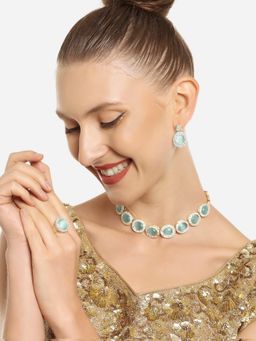 Zaveri Pearls - Turquoise Cat eye AD Stones Choker Necklace Earrings Ring Set