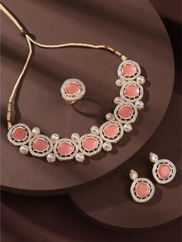 Zaveri Pearls - Peach Kundan & AD Choker Necklace Earrings & Ring Set