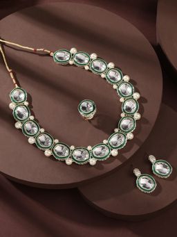 Zaveri Pearls - Green Enamel Stones Beads Embellished Necklace Earrings Ring