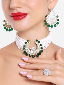 Zaveri Pearls - Green Lotus Stones Beads Choker Necklace Earrings & Ring Set