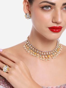 Zaveri Pearls - Multi Color Kundan Stones Beads Choker Necklace Earrings Ring
