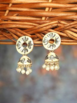 Zaveri Pearls - Beige & Grey Enamel Beads Traditional Jhumki Earrings