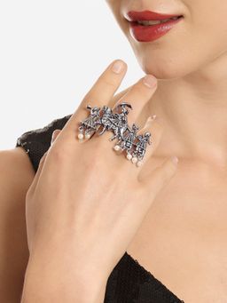Zaveri Pearls - Silver Barat Design Antique Oxidized Adjustable Finger Ring