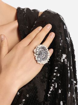Zaveri Pearls - Silver Peacock Design Antique Oxidized Adjustable Finger Ring