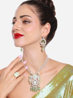 Zaveri Pearls - Green Laxmi Multistrand Kundan Temple Necklace Earrings Ring