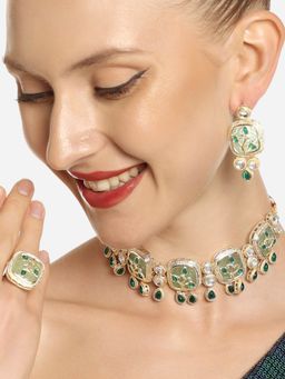 Zaveri Pearls - Green Kundan & Stones Choker Necklace Earrings & Ring Set
