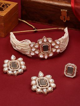 Zaveri Pearls - Grey Stones Multistrand Beaded Kundan Necklace Earrings Ring