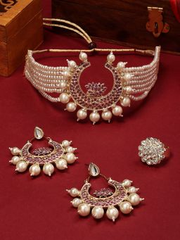 Zaveri Pearls - Pink Lotus Multistrand Beaded Crescent Necklace Earrings Ring
