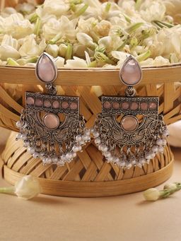 Zaveri Pearls - Pink Silver Oxidized Stones & Beads Traditional Drops Earrings