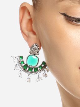 Zaveri Pearls - Green Silver Oxidized Stones Beads Traditional Drops Earrings
