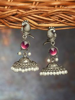 Zaveri Pearls - Purple Peacock Silver Oxidized Stones & Beads Jhumki Earrings