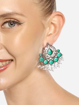 Zaveri Pearls - Green Silver Oxidized Stones Beads Traditional Drops Earrings