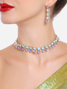 Zaveri Pearls - Turquoise Blue & Purple Choker Stones Necklace & Earrings Set