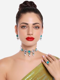 Zaveri Pearls - Green AD Multistrand Pearls Choker Necklace Earrings & Ring