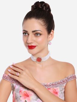 Zaveri Pearls - Pink Multistrand Pearls & AD Choker Necklace Earrings Ring Set