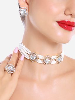 Zaveri Pearls - Gold Tone Multistrand Stones Choker Necklace Earrings Ring Set