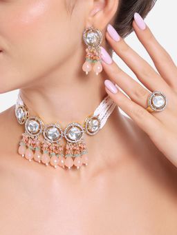 Zaveri Pearls - Peach Multistrand AD Stones Choker Necklace Earrings Ring Set
