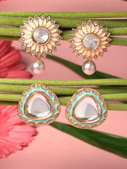 Zaveri Pearls - Set of 2 Multi Color Enamel AD Contemporary Studs Earrings