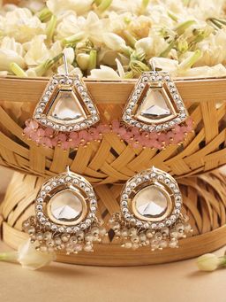 Zaveri Pearls - Set of 2 Pink & Off White AD & Pearls Ethnic Drop Earrings