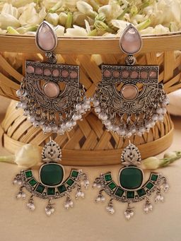 Zaveri Pearls - Set of 2 Green & Pink Silver Oxidized Stones Drops Earring