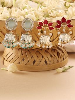 Zaveri Pearls - Set of 2 Turquoise Blue & Red Enamel Beads Drop Earring