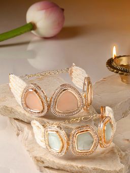 Zaveri Pearls - Set of 2 Pink & Mint Green Multistrand Kundan Bracelet