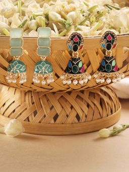 Zaveri Pearls - Set of 2 Multi Color Enamel Beads & Kundan Jhumki Earring