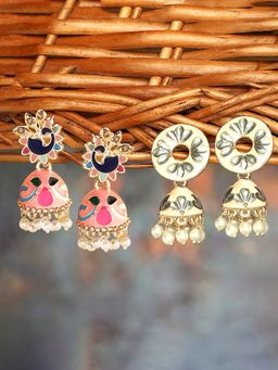 Zaveri Pearls - Set of 2 Multi Color Enamel AD & Kundan Jhumki Earring