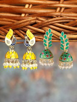 Zaveri Pearls - Set of 2 Green Yellow Enamel Peacock Stones Jhumki Earring