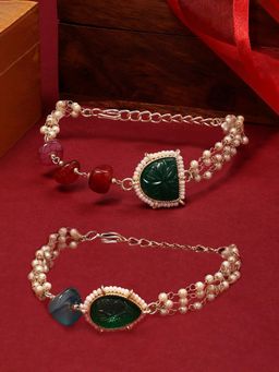 Zaveri Pearls - Set of 2 Green & Maroon Stones & Beads Ethnic Bracelet