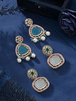 Zaveri Pearls - Set of 2 Green & Blue Stones & AD Drop Earring