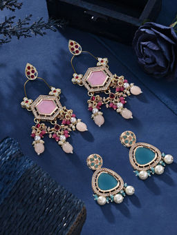 Zaveri Pearls - Set of 2 Blue & Pink Kundan & AD Dangle Drop Earring