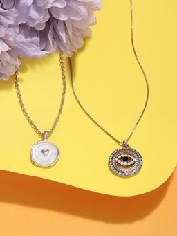 Zaveri Pearls - Set of 2 Gold Tone Enamel Hearts & Evil Eye Style Chain