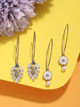 Zaveri Pearls - Set of 2 White Tiny Enamel Flower Contemporary Hoop Earring