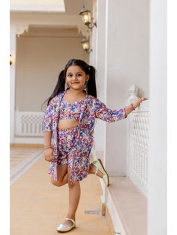 Cutiediva - Girls Purple Crop Top and Shorts with Shrug (Set of 3)