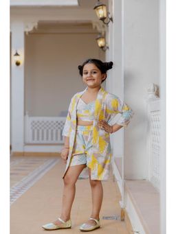 Cutiediva - Girls Yellow Printed Crop Top and Shorts with Shrug (Set of 3)