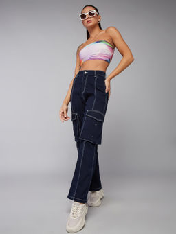 DOLCE CRUDO - Womens Navy Blue Wide Leg High Rise Regular Stretchable Denim Jeans