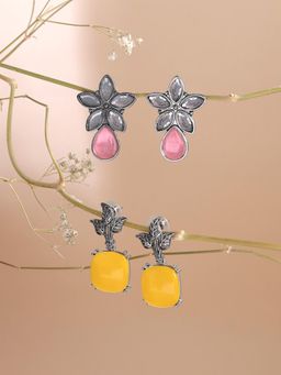 Yellow Chimes - Multi-Color Drop Earrings Floral Shaped Oxidised Silver Pack Of 2
