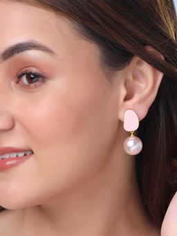 Yellow Chimes - Pearl Gold Toned Pink Pearls Drop Earrings