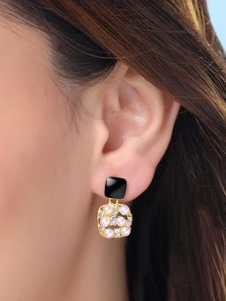 Yellow Chimes - Gold Plated White Pearl Drop Earrings Black