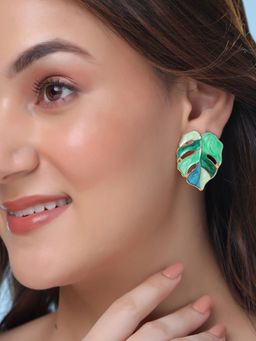 Yellow Chimes - Bohemian Leafy Shaped Green Studs Earrings