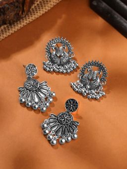 Yellow Chimes - Silver Oxidised Drop Earrings Oxidized Silver Plated Pack Of 2