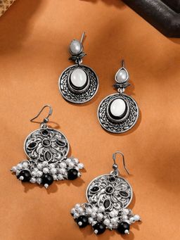 Yellow Chimes - Silver Oxidised Drop Earrings Oxidized Silver Plated Pack Of 2