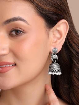 Yellow Chimes - Jhumka Earrings for Women Silver Oxidised