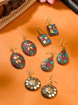 Yellow Chimes - Ethnic Pairs Tibetan Laac Drop Earrings Pack Of 4