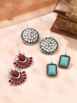 Yellow Chimes - Oxidised Silver Plated Drop Earrings Pack Of 3