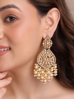 Yellow Chimes - Ethnic Gold Plated Kundan Long Dangler Pearl Earrings