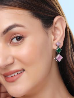 Yellow Chimes - Afghani Style Multi-Color Monalisa Stone Studded Drop Earrings