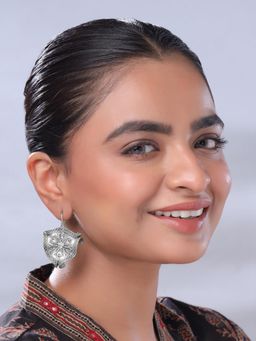 Yellow Chimes - Traditional Floral Shaped Silver Oxidised Plated Danglers Earrings